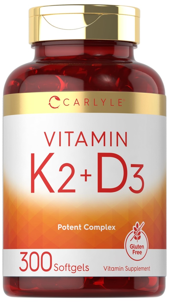 Carlyle Vitamine K2 Supplément D3 : 300 softgels 200 mcg K2 MK7 & 10 000 UI D3
