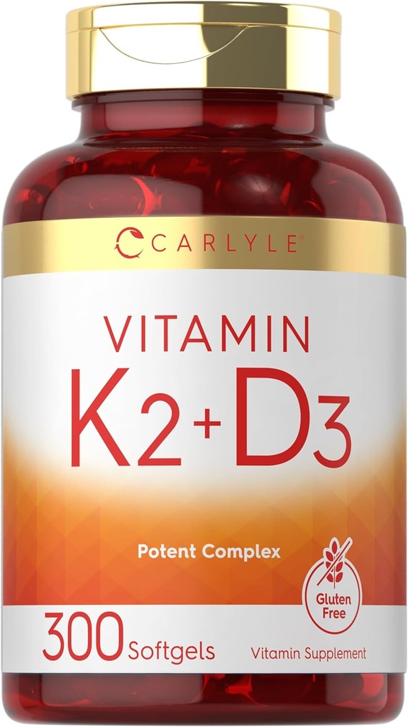 Carlyle Vitamine K2 Supplément D3 : 300 softgels 200 mcg K2 MK7 & 10 000 UI D3