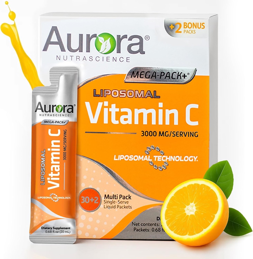 Vida Lifescience Aurora Nutrascience Mega-Pack Vitamine Liposomique C, Soutien immunitaire, 3000 mg par portion, Vegan, Sans gluten, Non-OGM, 32 Packets à portion unique, Orange
