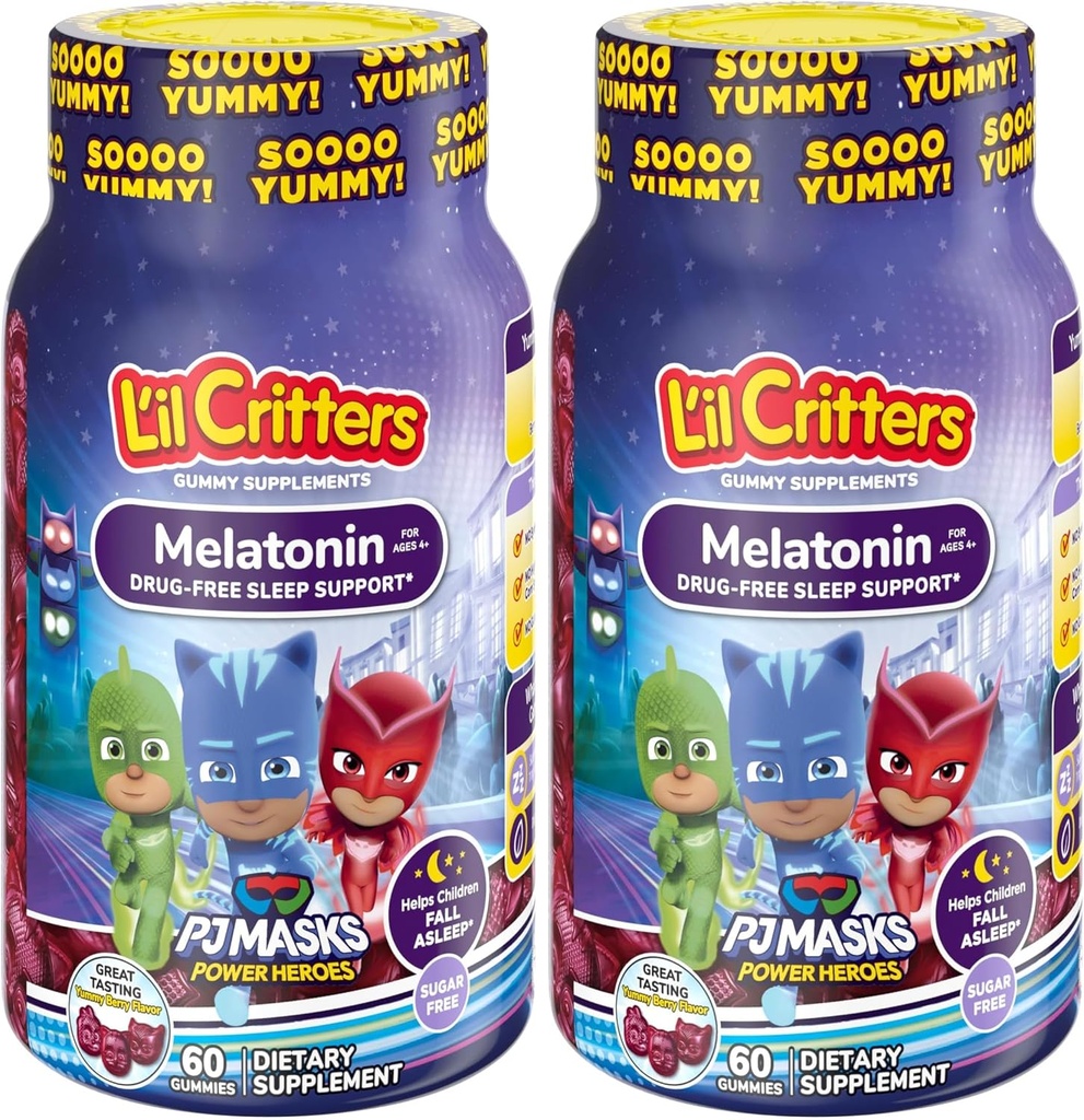 L'il Critters PJ Masques Gummy Melatonin Supplément pour les enfants, Soutien de sommeil sans drogue, 60 Gummies (paquet de 2)