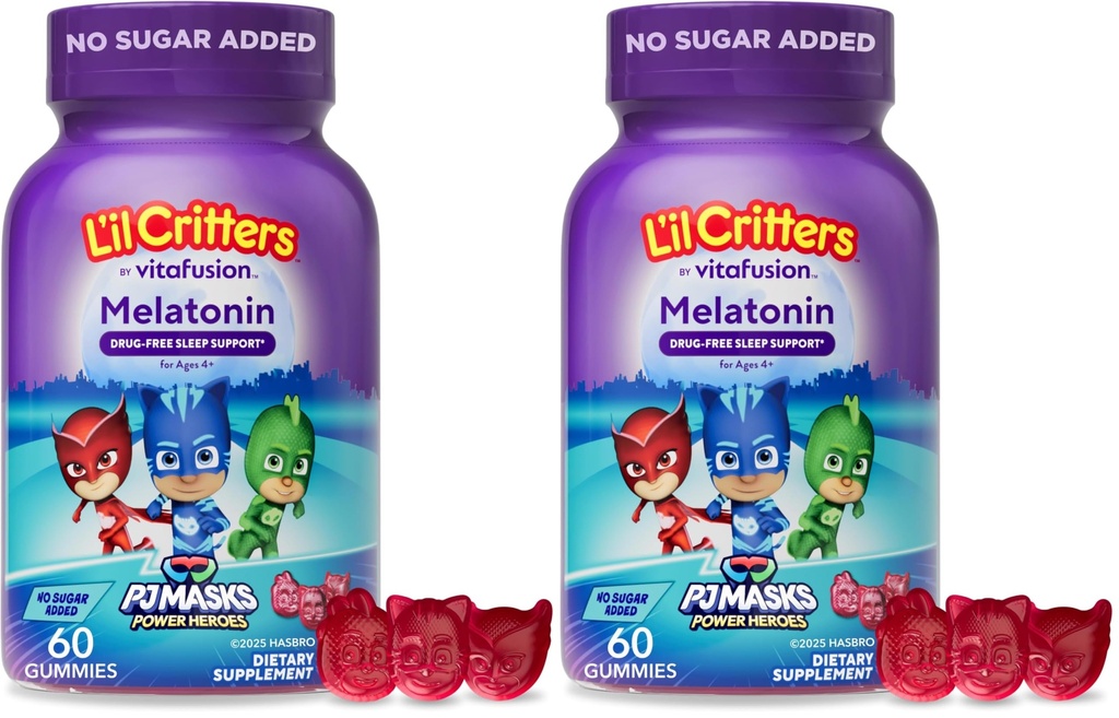L'il Critters PJ Masques Gummy Melatonin Supplément pour les enfants, Soutien de sommeil sans drogue, 60 Gummies (paquet de 2)