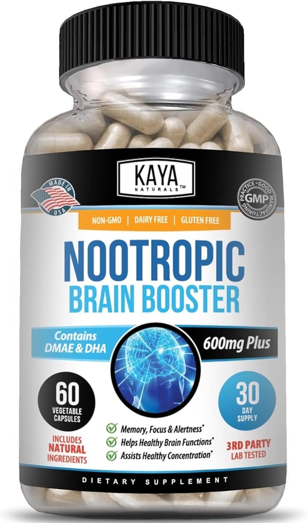 Kaya Naturals - Nootropic Cerveau Booster - pour Mémoire et Focus - Supplément Soutien au cerveau - Focus & Concentration & Apprentissage Précision - Fonction cognitive - 60 Compte
