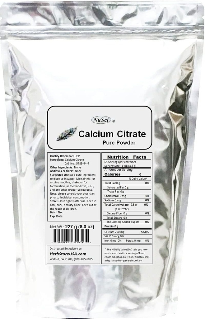 Poudre de citrate de calcium pure biodisponible Calcium (227 grammes (8,0 oz))