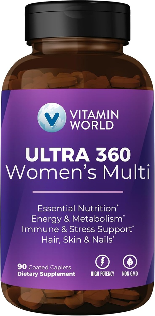 Vitamine World Ultra 360 Multivitamine pour femmes, Multivitamine pour femmes avec herbes et collagène pour cheveux, peau et ongles, supplément avec fer, vitamine A, B, C, D, E pour support énergétique et immunitaire, 90 capsules