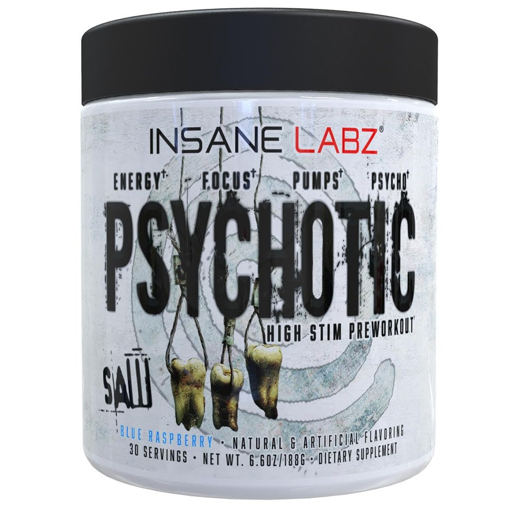 Insane Labz Psychotique SAW, Poudre de pré-entraînement à haute intensité avec OxyGold-Teacrine® et AMPiberry®,Extreme Lasting Energy avec Teacrine®,Focus avec CognitIQ® et Endurance (30 portions (paquet de 1), Blue Raspberry)