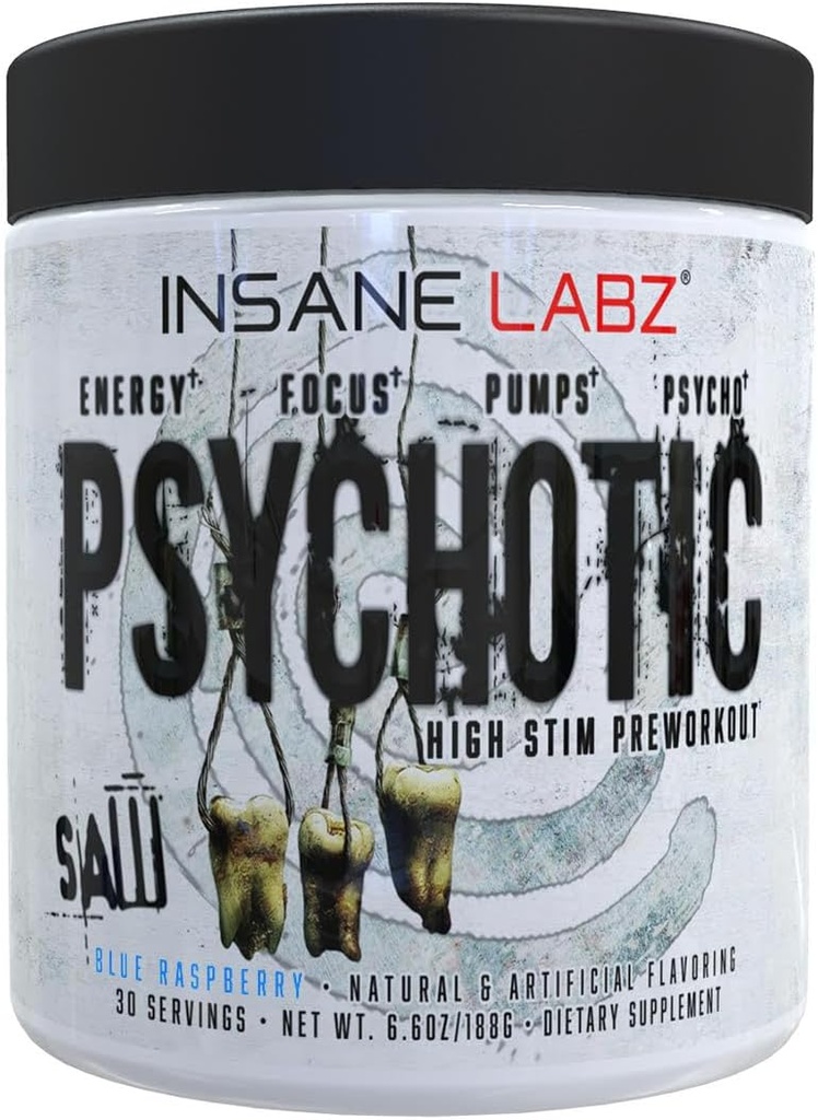 Insane Labz Psychotique SAW, Poudre de pré-entraînement à haute intensité avec OxyGold-Teacrine® et AMPiberry®,Extreme Lasting Energy avec Teacrine®,Focus avec CognitIQ® et Endurance (30 portions (paquet de 1), Blue Raspberry)