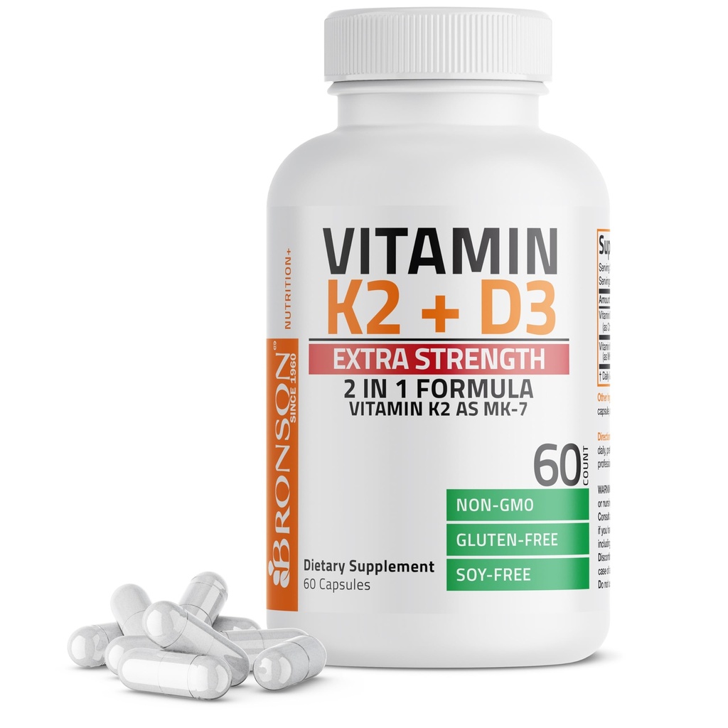 Bronson Vitamine K2 (MK7) avec supplément de force supplémentaire D3 Bone Health Non-OGM Formule 10 000 UI et 120 mcg MK-7 Facile à avaler D K, 60 Capsules