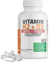 Bronson Vitamine K2 (MK7) avec supplément de force supplémentaire D3 Bone Health Non-OGM Formule 10 000 UI et 120 mcg MK-7 Facile à avaler D K, 60 Capsules