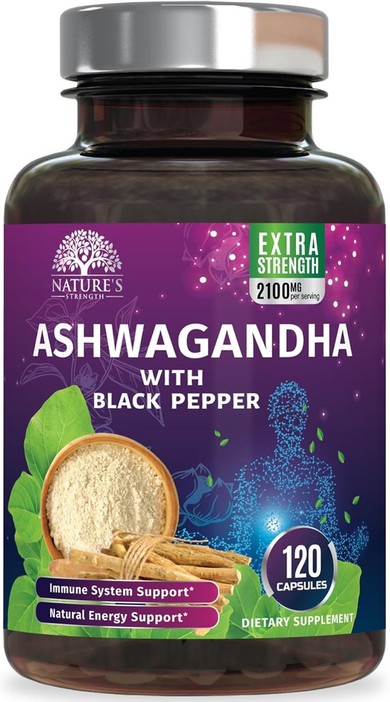 Ashwagandha Suppléments 2100mg - Extra Strength Ashwagandha poudre et extrait de racine avec poivre noir pour l'absorption maximale, suppléments antioxydants à base de plantes pour les femmes et les hommes, végétalien, non-OGM - 120 capsules