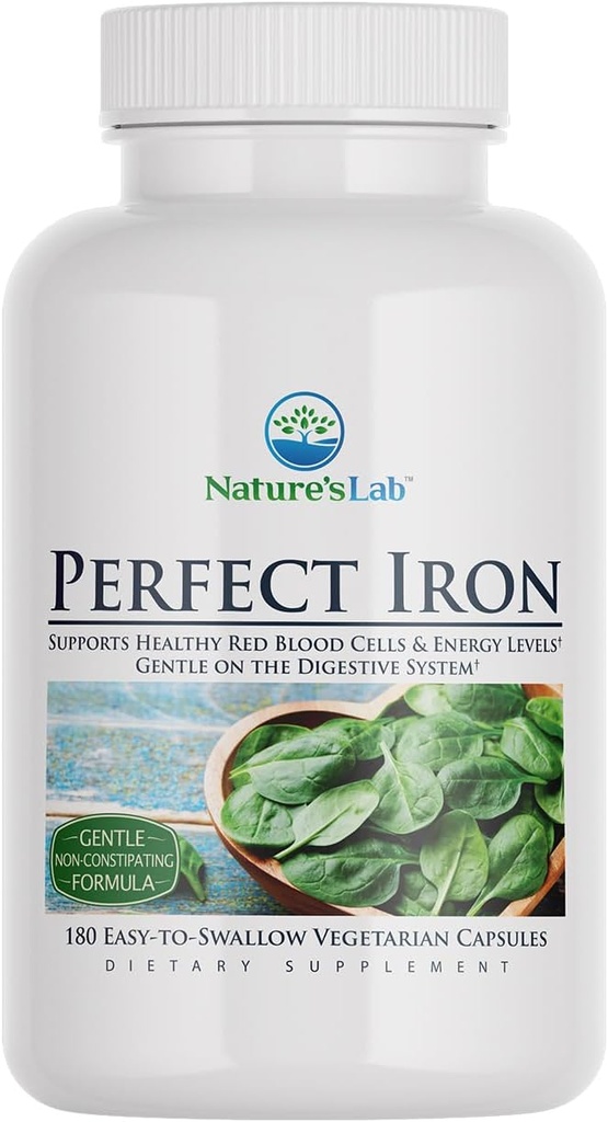 Nature's Lab Perfect Iron Supplément diététique de 25 mg - Formule douce non constipante - Soutient la santé des globules rouges et des niveaux d'énergie - 180 capsules (6 mois d'approvisionnement)