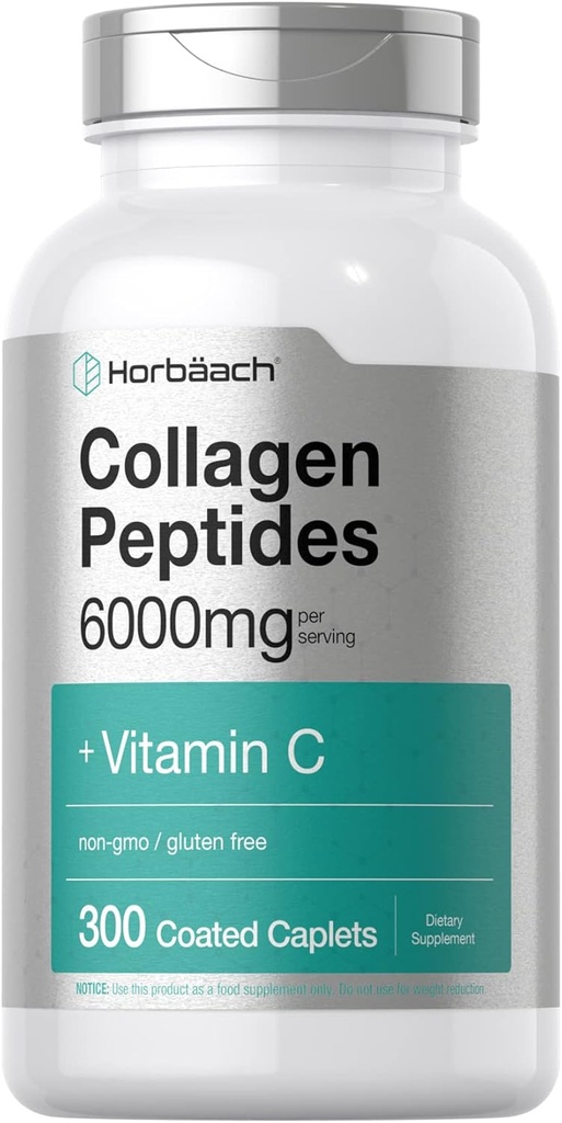Horbäach Collagen Peptides 6000mg.300 Pills de caplet avec supplément de collagène hydrolysé de vitamine C. Non-OGM, sans gluten