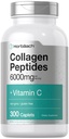 Horbäach Collagen Peptides 6000mg.300 Pills de caplet avec supplément de collagène hydrolysé de vitamine C. Non-OGM, sans gluten