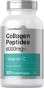 Horbäach Collagen Peptides 6000mg.300 Pills de caplet avec supplément de collagène hydrolysé de vitamine C. Non-OGM, sans gluten