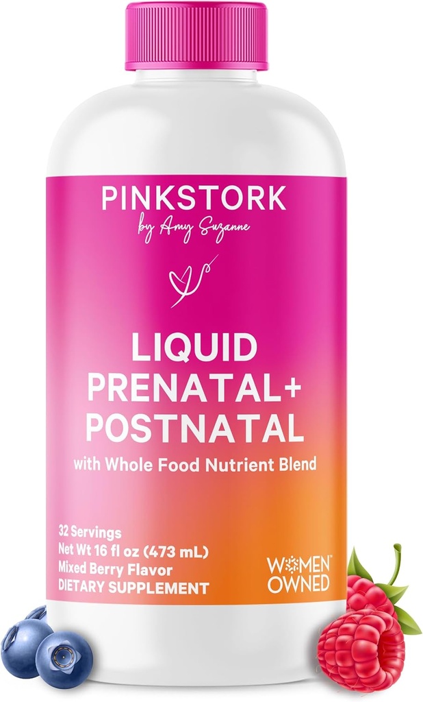 Pink Stork Vitamines prénatales liquides pour les femmes - Flaveur de baies - Mélange d'aliments biologiques - Fertilité, grossesse, essentiels postpartum - Soutien de la maladie du matin - Allaitement et allaitement - 32 portions