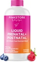 Pink Stork Vitamines prénatales liquides pour les femmes - Flaveur de baies - Mélange d'aliments biologiques - Fertilité, grossesse, essentiels postpartum - Soutien de la maladie du matin - Allaitement et allaitement - 32 portions