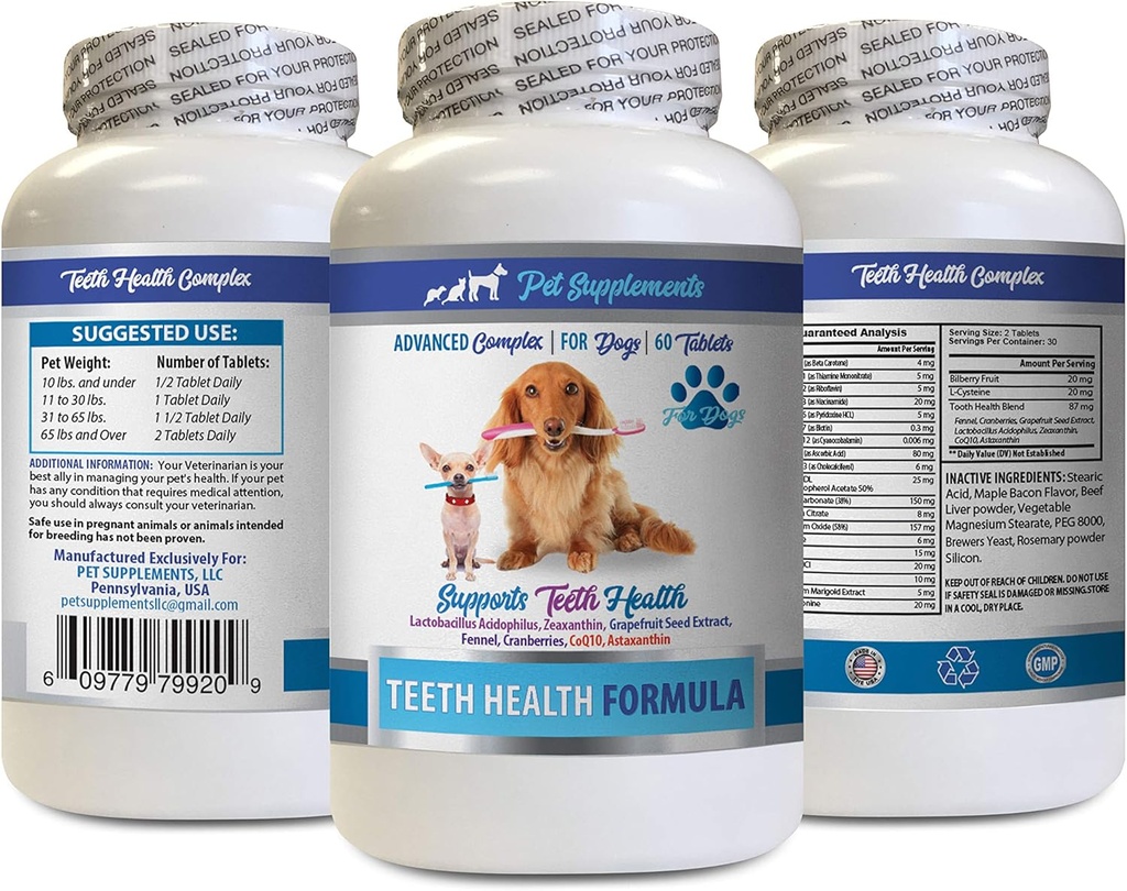 Soins buccodentaires pour chiens Mauvaise respiration - Dents des chiens Formule de santé - Complexe de soutien avancé - Santé générale - Vitamine des chiens e - 1 bouteille (60 comprimés)