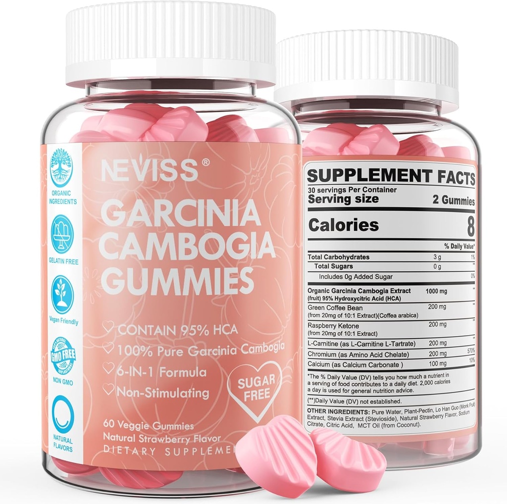 Sans sucre Garcinia Cambogia Gommies 1000mg 95% HCA Extrait pur avec L-Carnitine, Cétone de framboise, Chrome, Haricot de café vert pour le métabolisme, 100% extrait organique, végétalien, saveur de fraise 60 Cts
