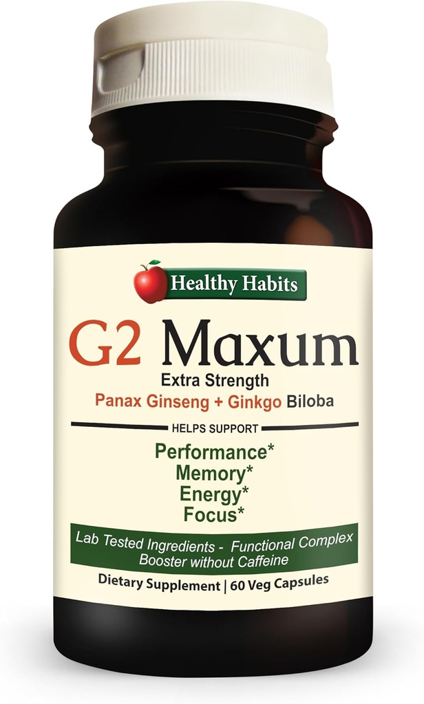 Healthy Habits G2 Maxum Extra Strength Panax Ginseng Plus Ginkgo Biloba Blended to Support Energy and Cognitive Function 60 Veg Capsules per Bottle