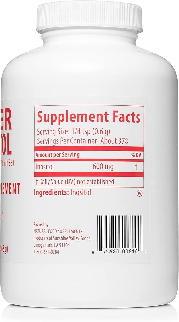 Sunshine Valley® Super Inositol, supplément alimentaire en poudre de vitamine B8, supplément de fertilité naturel et PCOS, équilibre hormonal et soutien de la fonction ovarienne saine - 16 oz