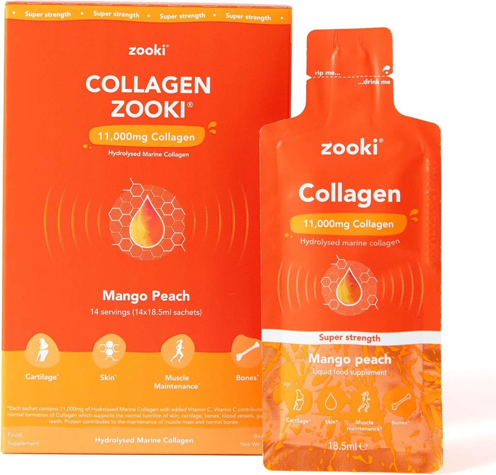 Zooki Super Strength Marine Collagen Sacs liquides 11,000mg – Grand goût, sans sucre – Suppléments de collagène marin de la plus haute force pour les femmes et les hommes – peau, articulations et cheveux (Mango Peach, 14 portions)
