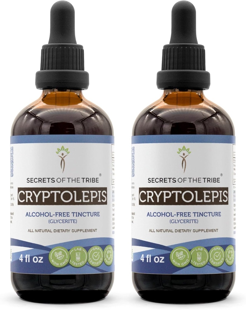 Secrets de la tribu Cryptolepis Tecture Extrait sans alcool, gouttes à base de plantes de haute puissance, Teinture faite de Cryptolepis sauvage Sanguinolenta 2x4 oz