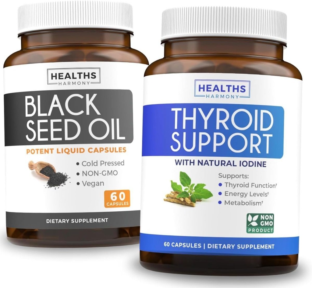 Support de la thyroïde et huile de graines noires (1-Mois) Souple de la thyroïde noire - Support de la thyroïde (60 capsules) Supplément de santé et huile de graines noires (60 capsules) Nigella Sativa pressée à froid - non-OGM