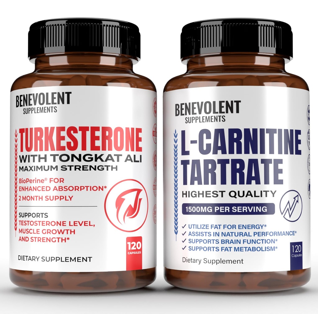 Turkesterone 8,000mg [Pureté la plus élevée] + supplément de tartrate de L-Carnitine Premium - supplément d'absorption élevée avec Tongkat Ali - Augmenter la stamina, la croissance musculaire maigre, soutenir le métabolisme et l'éner naturel