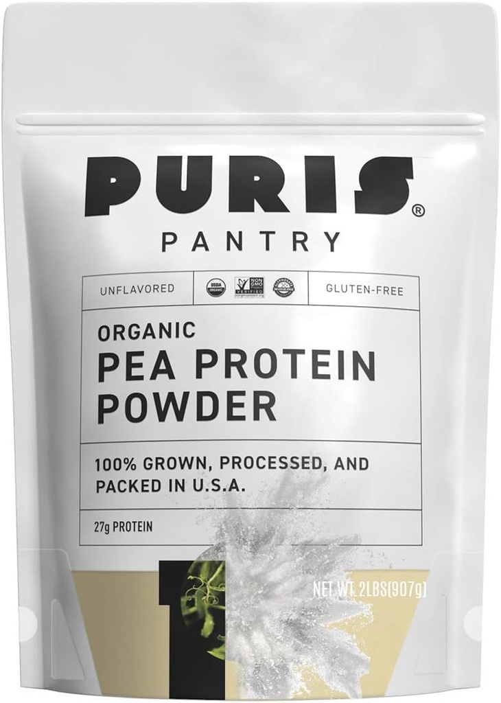 Poudre de protéines de pois biologique PURIS®, 100% Fabriqué aux États-Unis, 2 LB Non aromatisé, certifié biologique, végétalien, sans gluten, sans produits laitiers, sans OGM, protéine végétale, Keto, BCAA (2 livres (paquet de 12), non aromatisé)