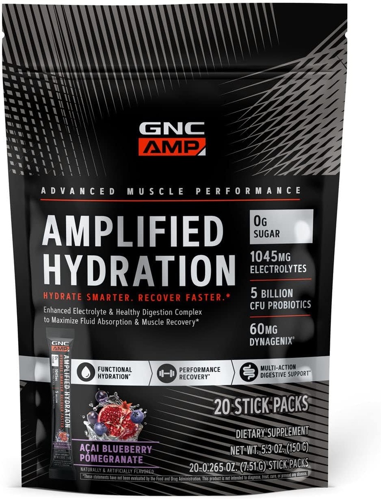 GNC AMP Amplified Hydration Electrolyte Powder Drink Mix | Enhanced Electrolyte & Healthy Digestion Complex | Acai Blueberry Pomegranate | 20 Count