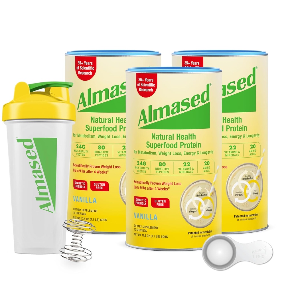 Poudre de protéines Almased, supplément de soutien alimentaire GLP-1, substitut de repas Shake pour perte de poids, haute protéine, nutrition complète (Vanilla Flavor, 3 Canettes @ 17,6 oz ea + scoop + 700ml