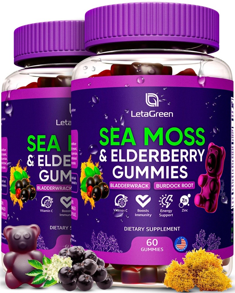 Gummées de la Mousse de la Mer d'Irlande – Morceaux de la Mousse de la Mer – 60 ours Vegan Seamoss – Gummées de la Mousse de la Mer pour enfants et adultes avec vitamine C et zinc (paquet de 2)
