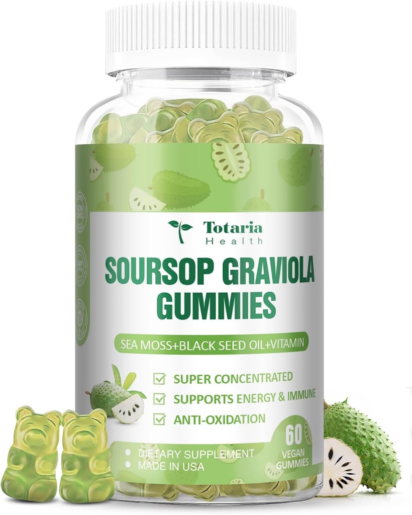 Totaria sans sucre Huile de sourcil Graviola de mousse de mer Gummies - Soutien Digestive Sommeil Peau Santé, Immunité et Antioxydant - Guanabana Fruit avec la mousse de mer, 150mg huile de graines noires biologique non-OGM végétalien