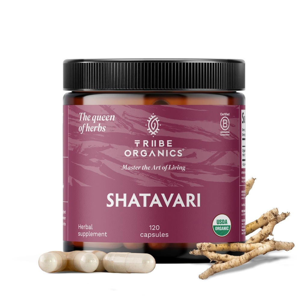 TRIBE ORGANICS Organic Shatavari complément à base de plantes - Balance hormonale , Femmes , Santé de la reproduction , Allaitement , Immune & Support inflammatoire - Non-OGM USDA Organic 120 Capsules Vegan