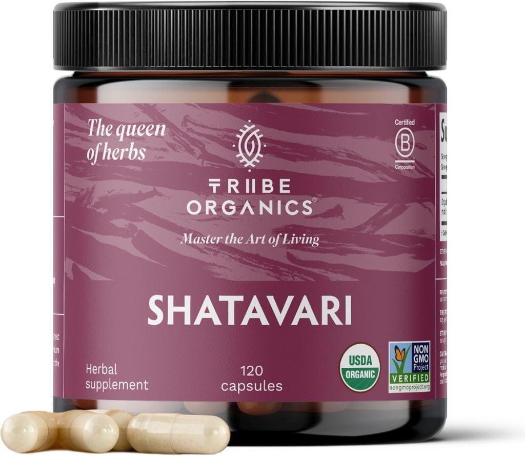 TRIBE ORGANICS Organic Shatavari complément à base de plantes - Balance hormonale , Femmes , Santé de la reproduction , Allaitement , Immune & Support inflammatoire - Non-OGM USDA Organic 120 Capsules Vegan