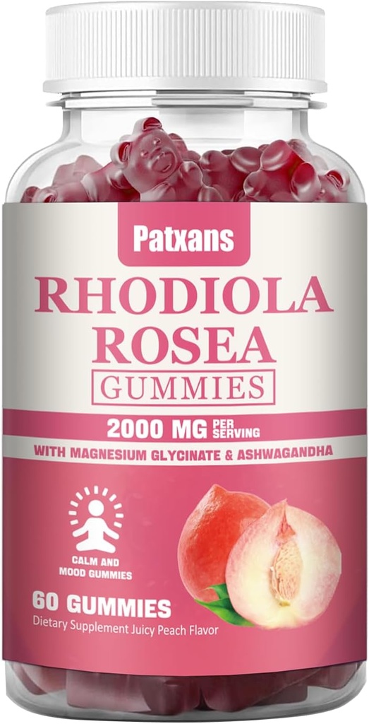 1 Pack 2000MG Rhodiola Rosea Gummies - Supplément Rhodiola & Réducteur de cortisol pour l'endurance, l'humeur et le stress, le sommeil et le soulagement de la fatigue, 60 comprimés.