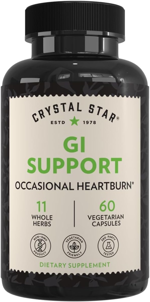 Supplément de soutien GIG Crystal Star (60 gélules) – Supplément santé Herbal Gut Cela apaise les brûlures d'estomac occasionnelles et soutient le reflux acide – Ginger, Slippery Elm Bark & Betaine HCL – Non-OGM