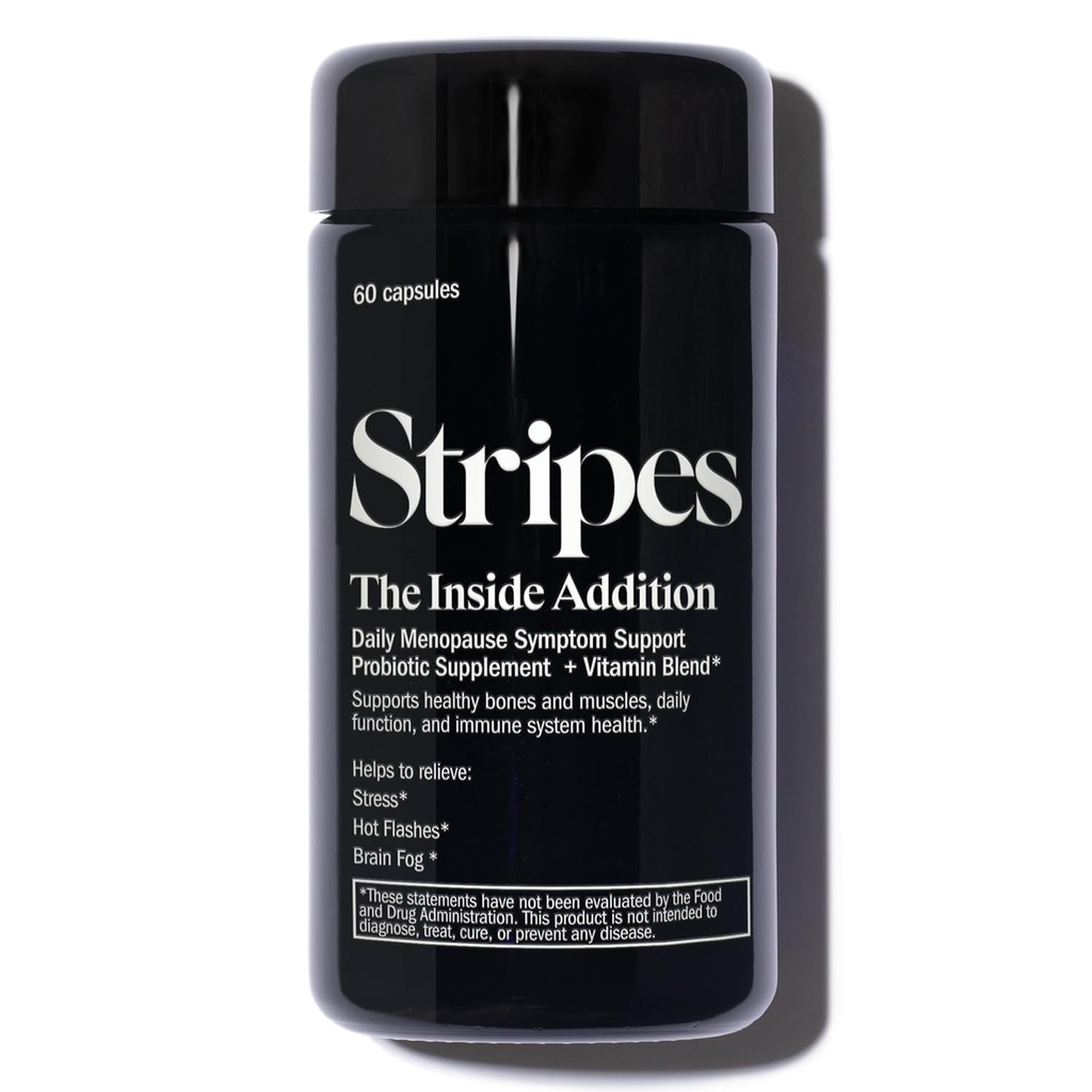Stripes Beauté Naomi Watts Le supplément supplémentaire Soutien Ménopause périménopause Symptômes soulagement Flashs chauds Stress Cerveau Fog Probiotique Multi Vitamine 60 Ct