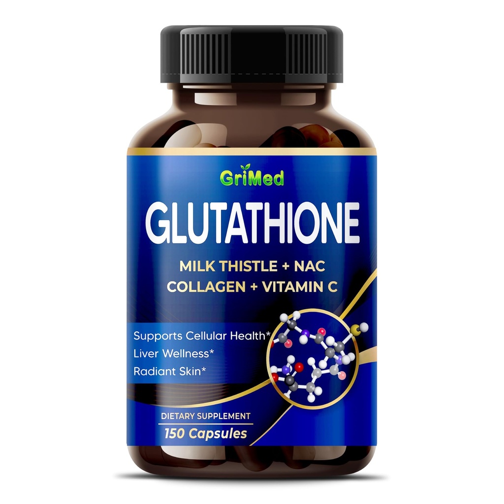 GriMed Glutathion 11 200mg - X10 Puissance avec le chardon de lait, NAC, collagène, vitamine C - Bien-être cellulaire, peau radiante - États-Unis Fabriqué et testé (150 Nombre (paquet de 1))