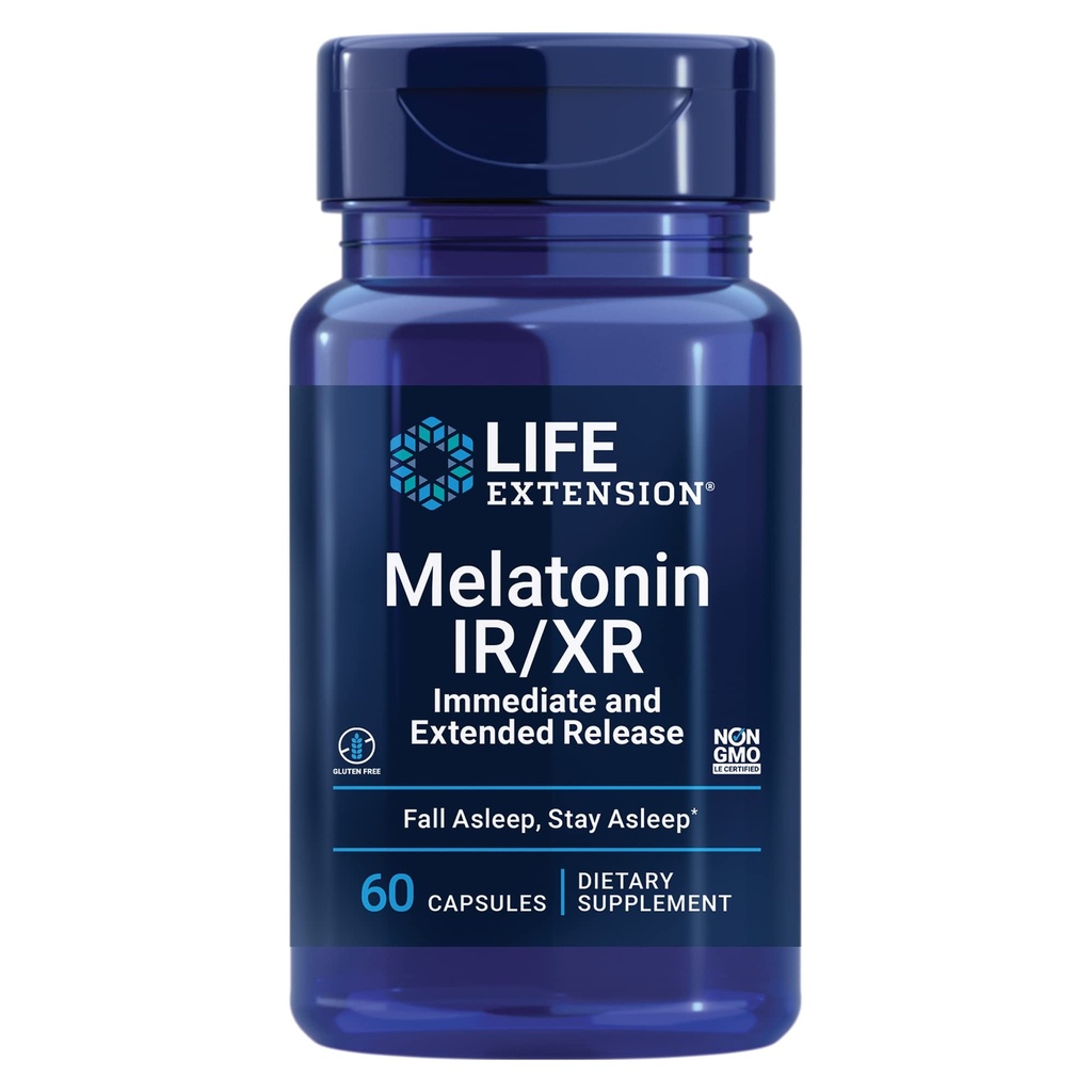 Life Extension Melatonin IR/XR, 1.5 mg, immediate- and Extended-Release Formula for Optimal Sleep Support, Healthy circadian Rhythms, Cellular Defense, Gluten-Free, Non-GMO, 60 Capsules