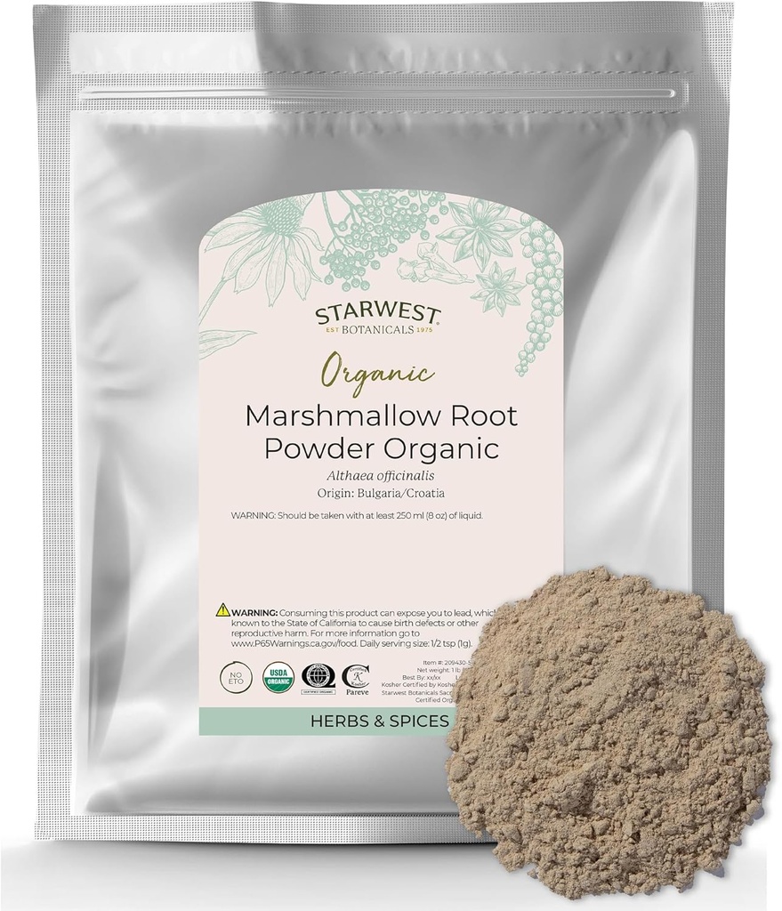Starwest Botanicals Bio Marshmallow Root Powder - Herbe séchée pour thé, capsules et mélanges à base de plantes, casher certifié, non-OGM - en vrac 1 lb sac