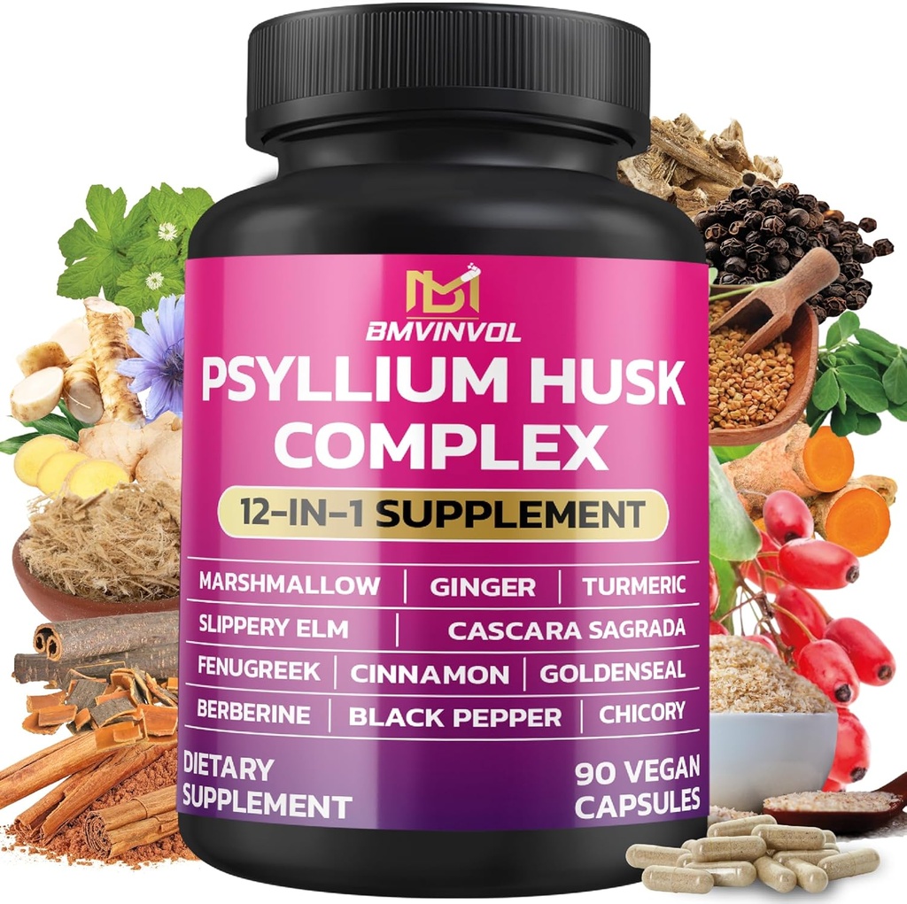 BMVINVOL Psyllium Husk, Slippery Elm, Cascara Sagrada, Fenugreek, Berberine, Cinnamon, Turmeric + 5 Mores - Soutien immunitaire et supplément de santé digestif - 90 Capsules