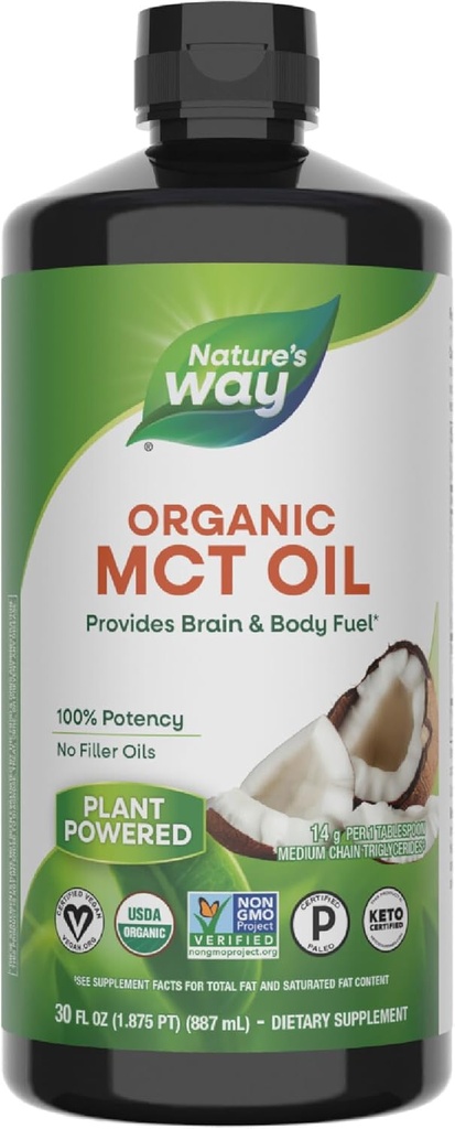 Nature's Way Bio MCT Oil, 30 Fl Oz, Cerveau et Body Fuel from Coconuts*, C8 Caprylic Acid and C10 Capric Acid, Keto and Paleo Certified, Organic, Non-OGM Project Verified