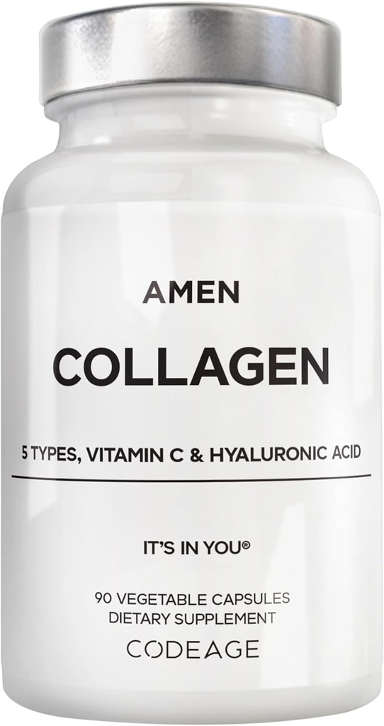 Amen Peptides Multi Collagène Capsules avec acide hyaluronique et vitamine C - 5 types de protéine collagène de type I, II, III, V, X - Hydrolysé à l'herbe - 18 acides aminés - supplément de collagène - 90 pilules
