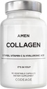 Amen Multi Collagen Peptides Capsules with Hyaluronic Acid and Vitamin C - 5 Types of Collagen Protein Type I, II, III, V, X - Grass Fed Hydrolyzed - 18 Amino Acids - Collagen Supplement - 90 Pills