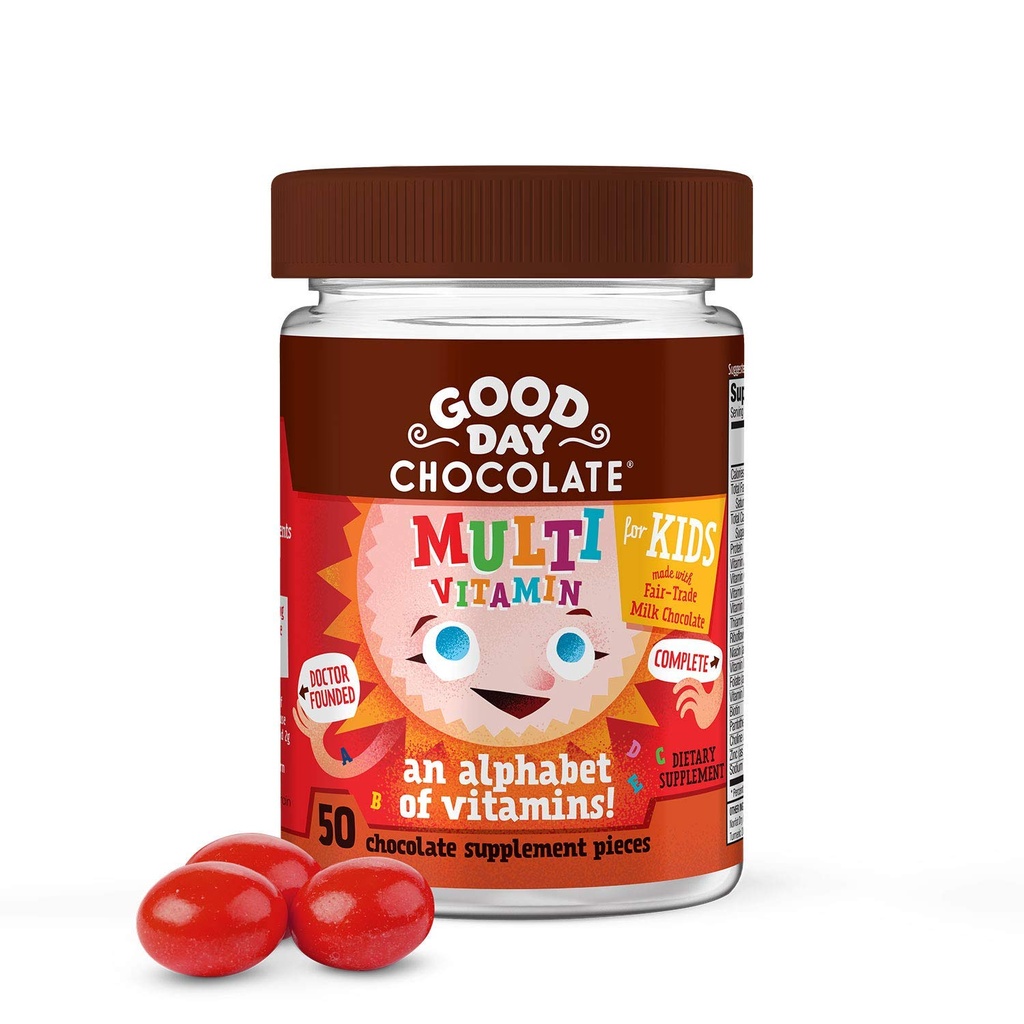 Good Day Chocolate Complete Multivitamin for Kids, Daily Supplement of Vitamins A, B6, B12, C, D, E, Folate and Biotin, Fair Trade and Non-GMO Chocolate, 50 Pieces