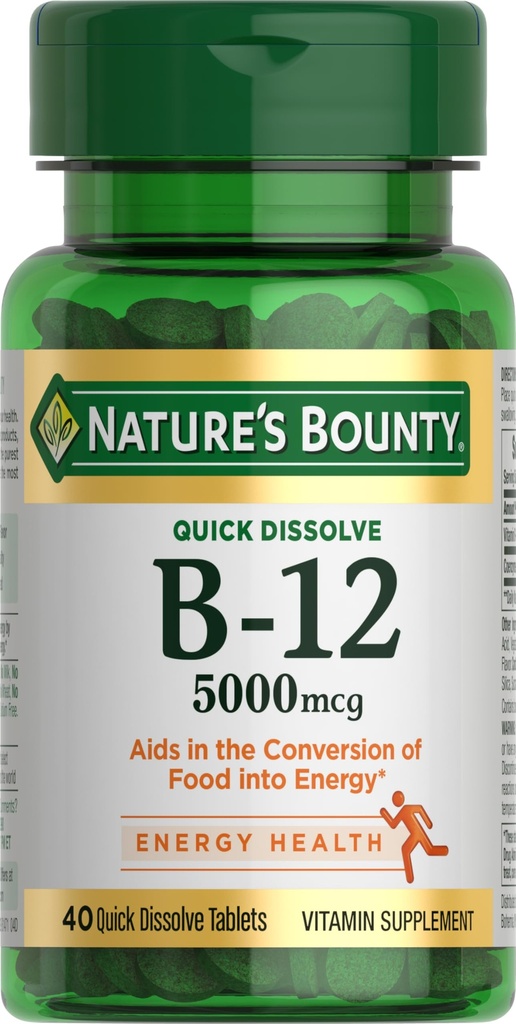 Nature's Bounty Vitamine B12, soutient le métabolisme de l'énergie et la santé du système nerveux, 5000mcg, 40 comprimés rapidement dissous