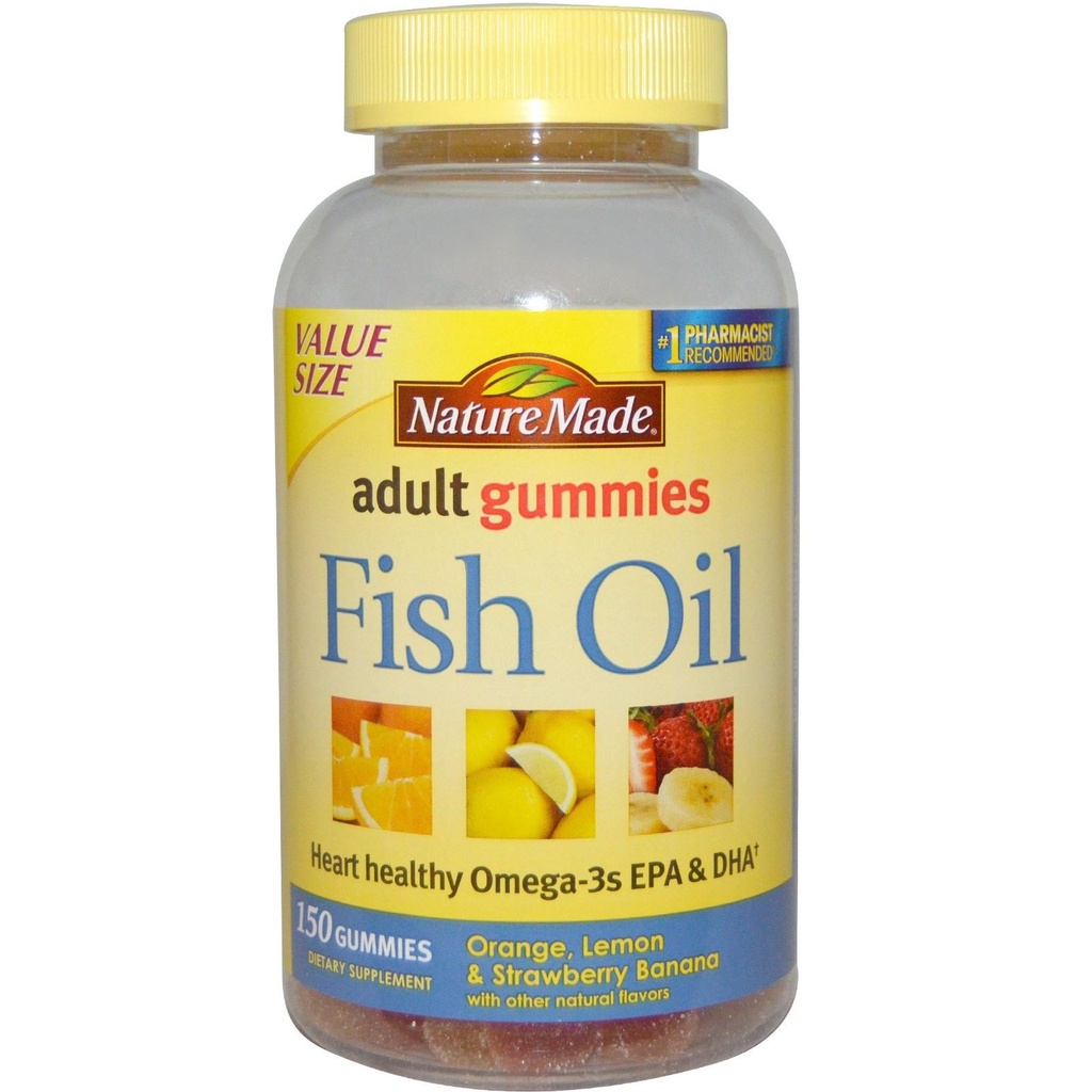 Huile de poisson nature Gommies, 150 softgels Taille de valeur, avec Omega 3s 57 mg en santé cardiaque, en fraise délicieuse, citron et orange