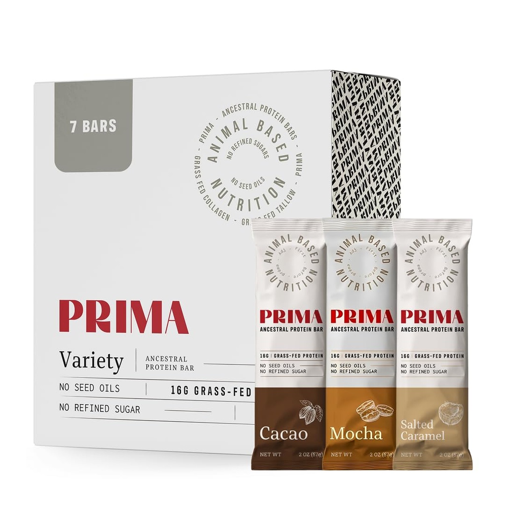 PRIMA ANCESTRAL PROTEIN BAR Barres protéinées aux herbes, 7 packs – Barre protéinée à base d'animaux avec suif de boeuf, miel cru, huile de graines sans, faible teneur en glucides, sans gluten – collations saines et énergétiques pour un mode de vie propre (7 packs, variété)