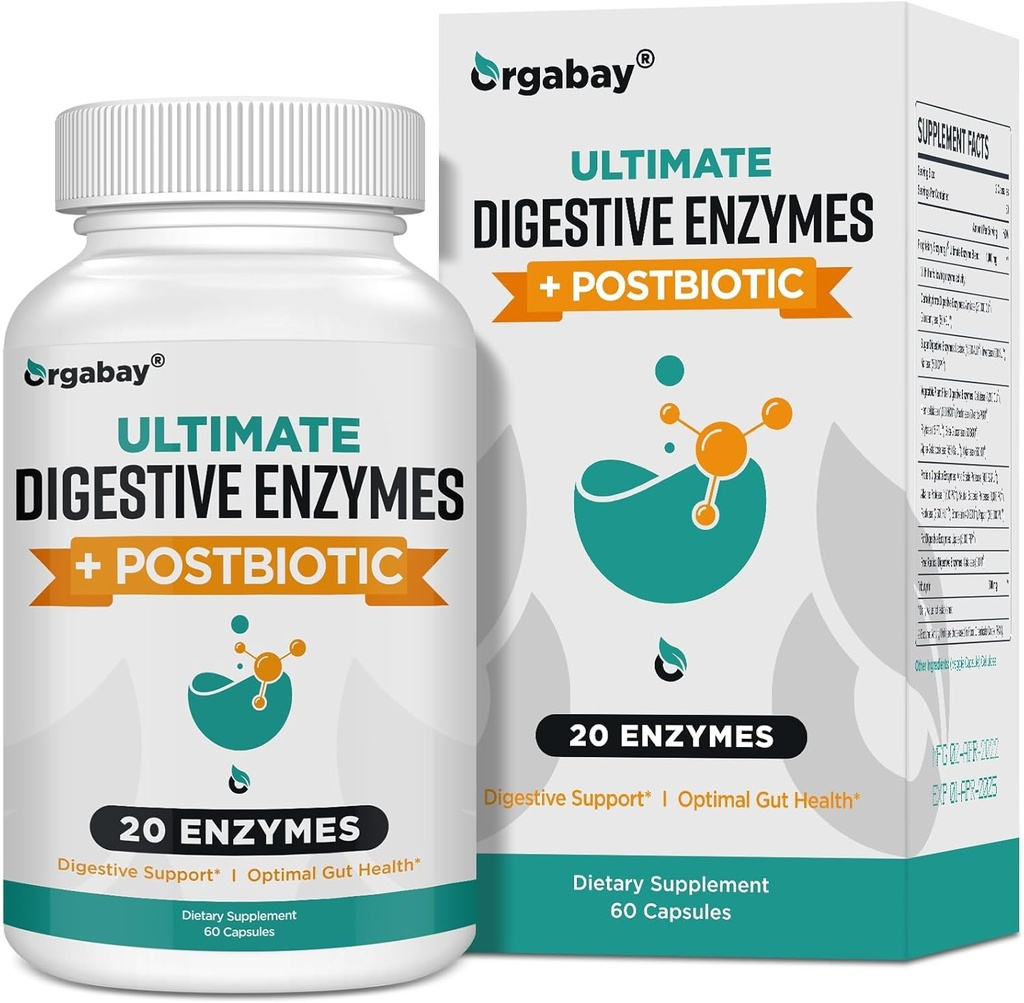 Enzymes digestifs Orgabay 1000mg avec Postbiotiques, 20 Mélange d'enzymes pour Bloating, Digestion optimale et fonction Gut, 60 Capsules de Veggie