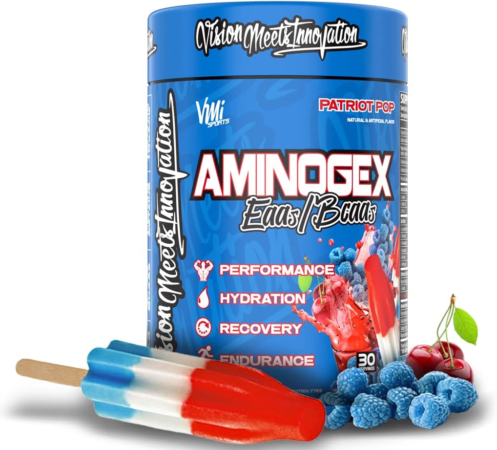 VMI Sports Aminogex Ultra.B.A.A. Powder.A.C.A. Acides aminés + bétaïne et glutamine.A.A. Amino Acid Recovery Drink (Patriot Pop)